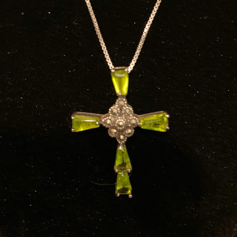 Vintage Peridot and Marcasite Sterling Silver Cross Necklace